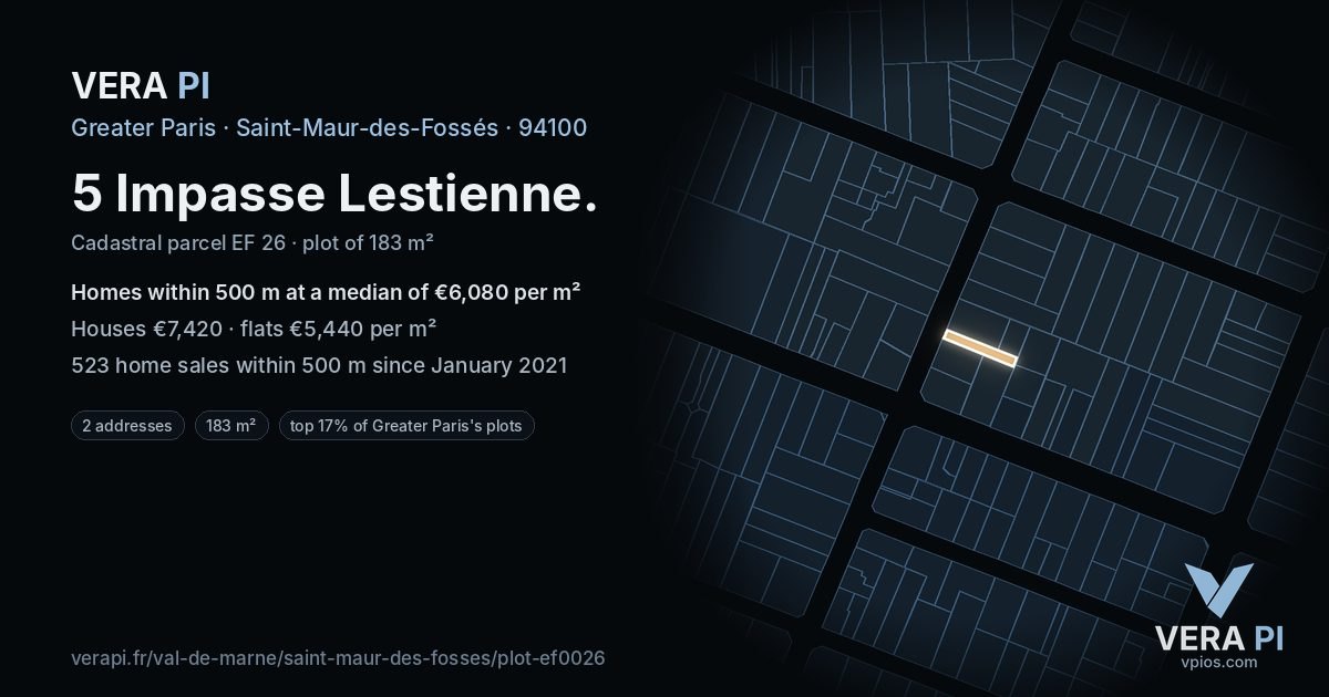 5 Impasse Lestienne, Saint-Maur-des-Fossés at night – the plot lit, the parcels around coloured by the prices near them