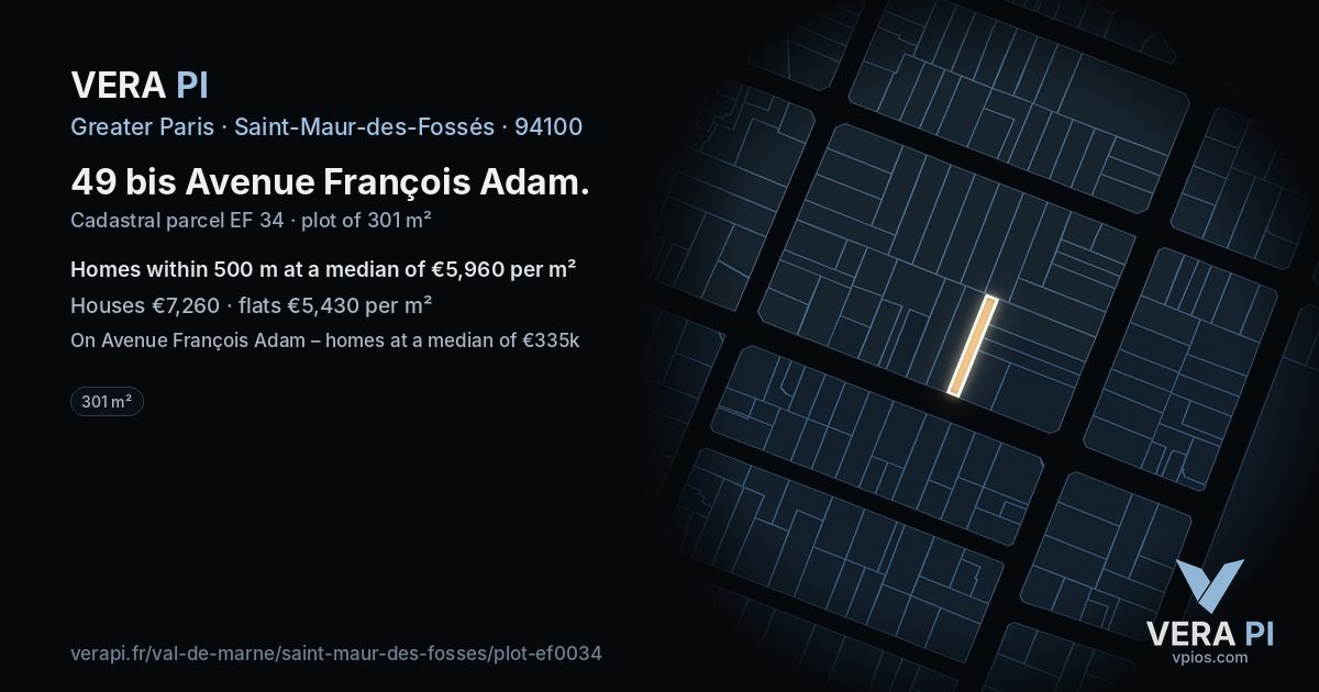 49 bis Avenue François Adam, Saint-Maur-des-Fossés at night – the plot lit, the parcels around coloured by the prices near them