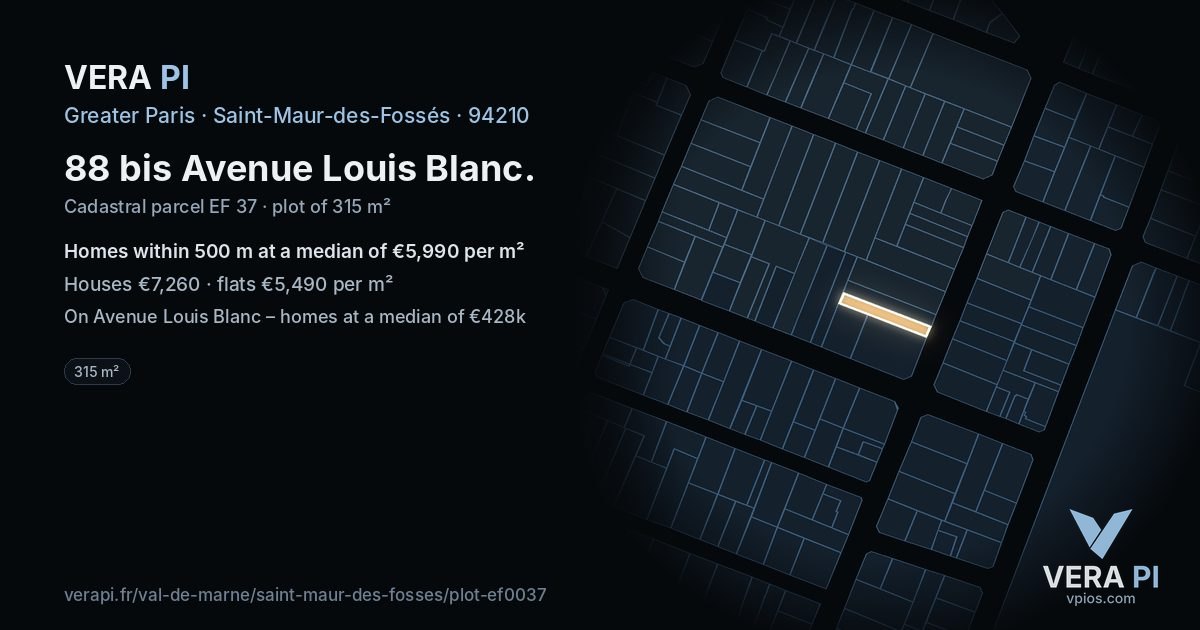 88 bis Avenue Louis Blanc, Saint-Maur-des-Fossés at night – the plot lit, the parcels around coloured by the prices near them