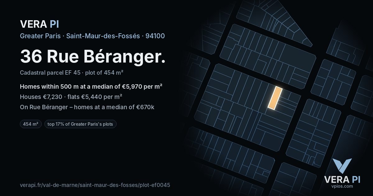 36 Rue Béranger, Saint-Maur-des-Fossés at night – the plot lit, the parcels around coloured by the prices near them