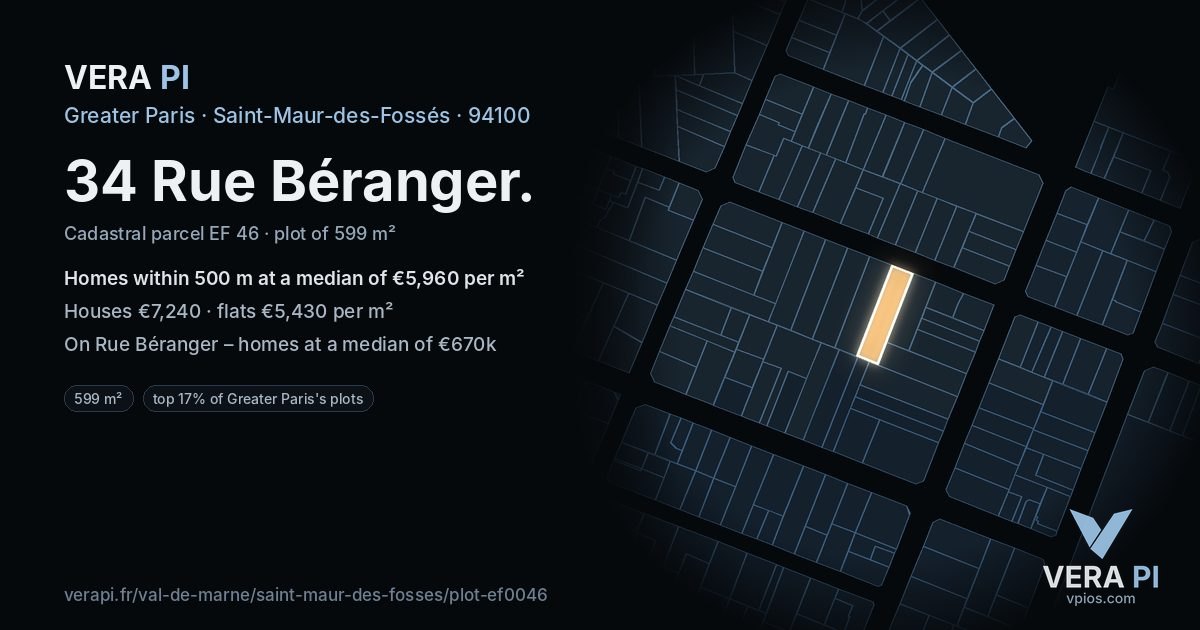 34 Rue Béranger, Saint-Maur-des-Fossés at night – the plot lit, the parcels around coloured by the prices near them