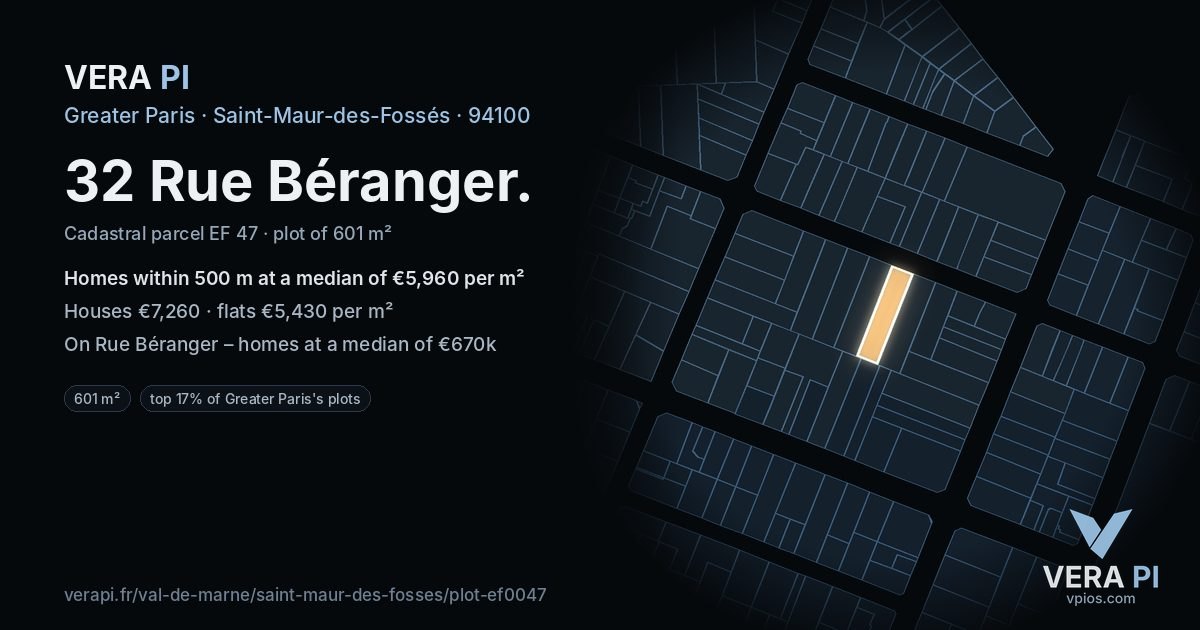 32 Rue Béranger, Saint-Maur-des-Fossés at night – the plot lit, the parcels around coloured by the prices near them