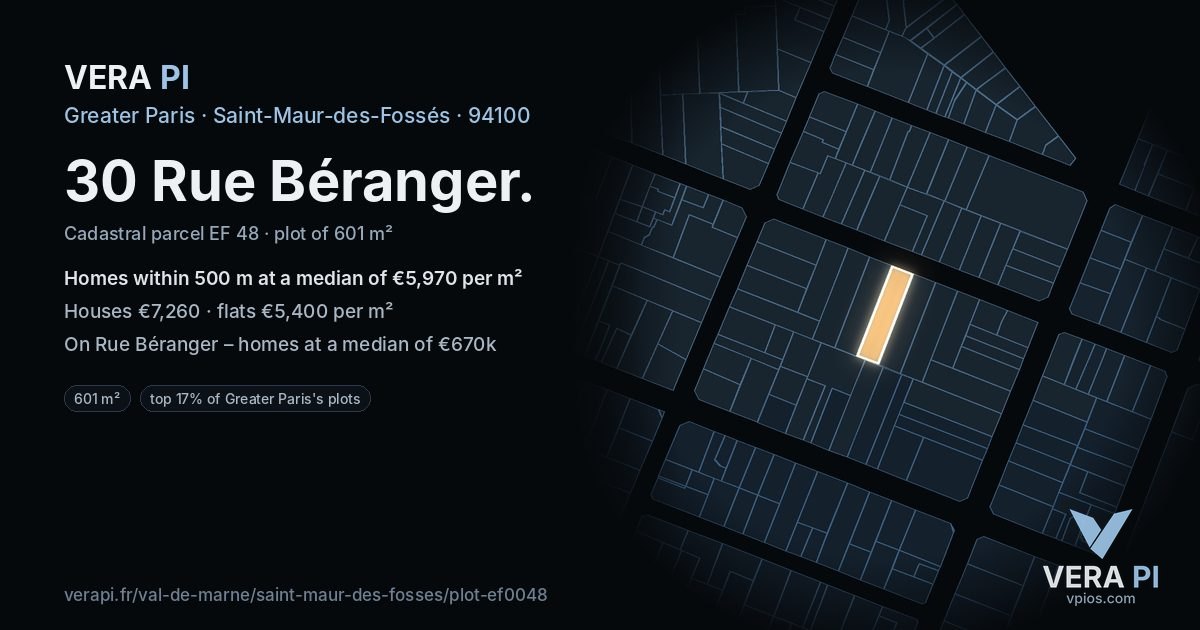 30 Rue Béranger, Saint-Maur-des-Fossés at night – the plot lit, the parcels around coloured by the prices near them