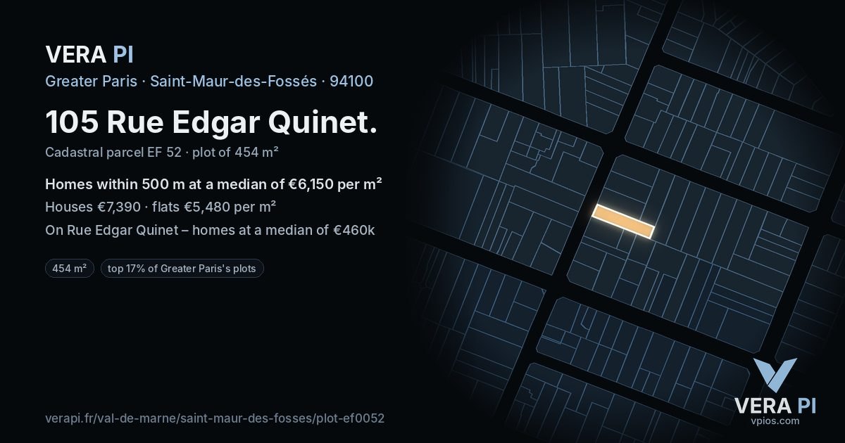 105 Rue Edgar Quinet, Saint-Maur-des-Fossés at night – the plot lit, the parcels around coloured by the prices near them