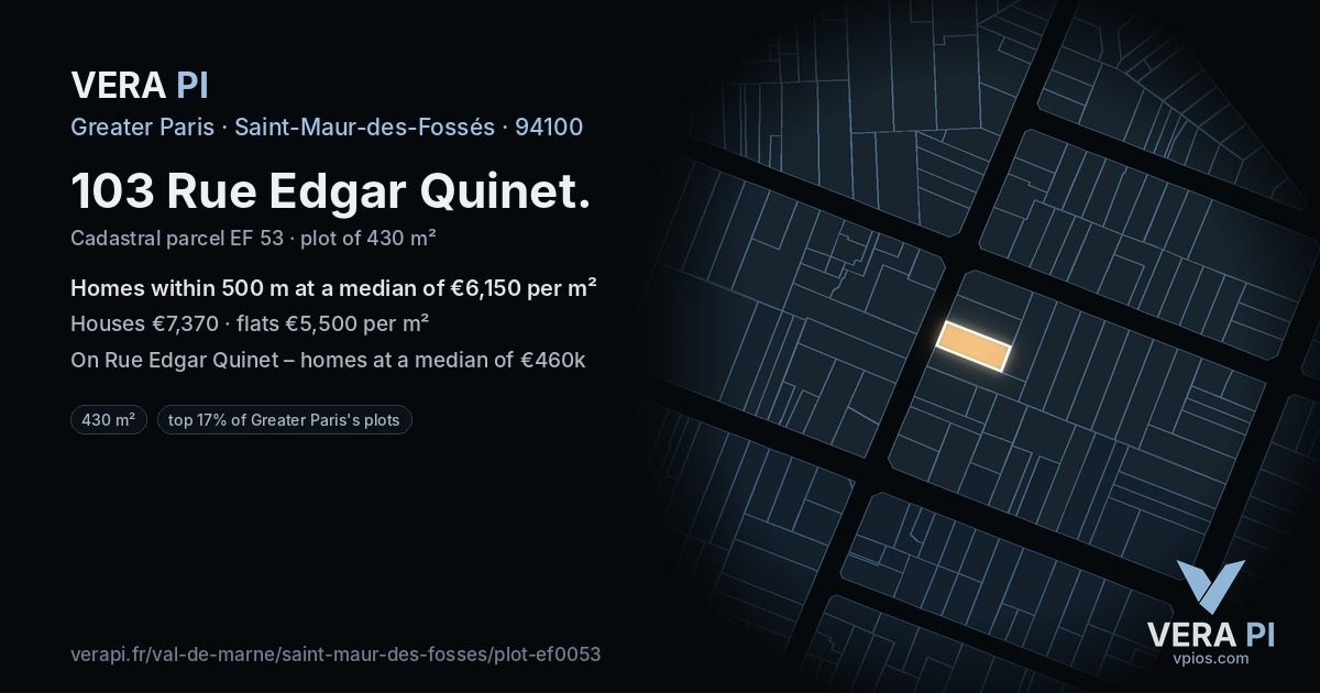 103 Rue Edgar Quinet, Saint-Maur-des-Fossés at night – the plot lit, the parcels around coloured by the prices near them