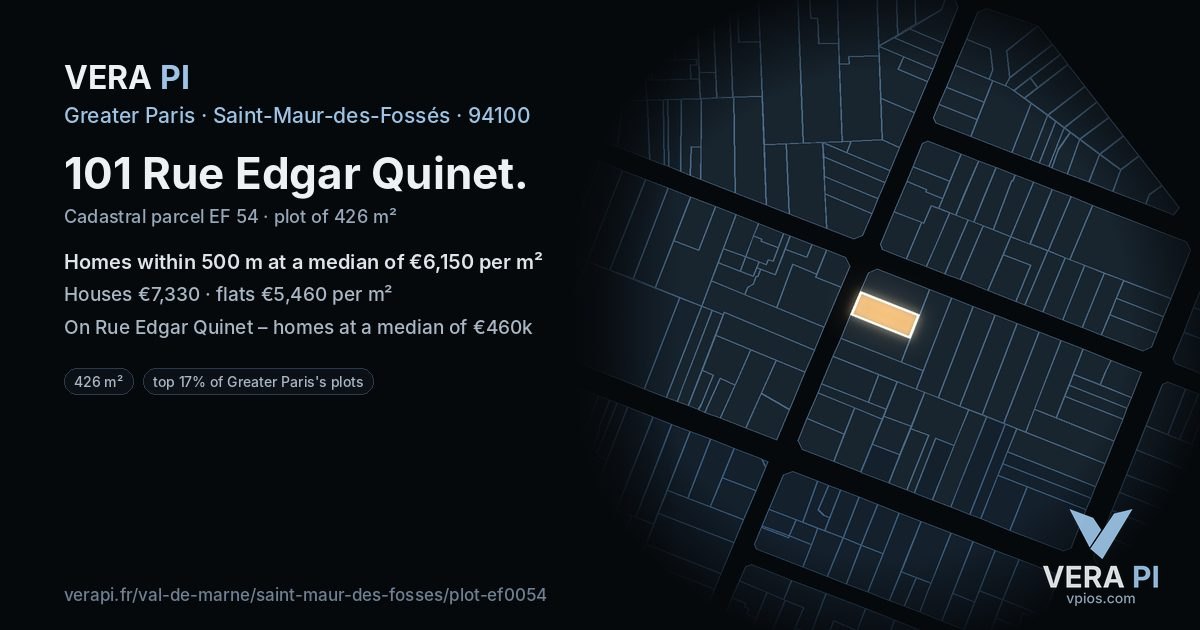 101 Rue Edgar Quinet, Saint-Maur-des-Fossés at night – the plot lit, the parcels around coloured by the prices near them