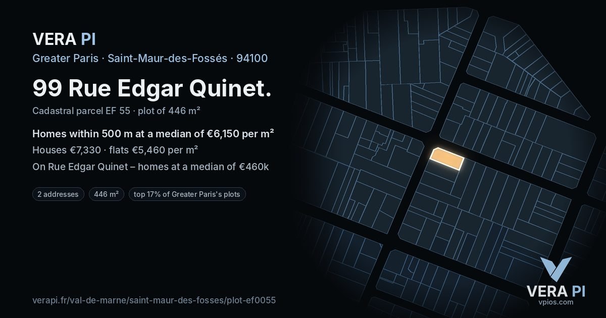 99 Rue Edgar Quinet, Saint-Maur-des-Fossés at night – the plot lit, the parcels around coloured by the prices near them