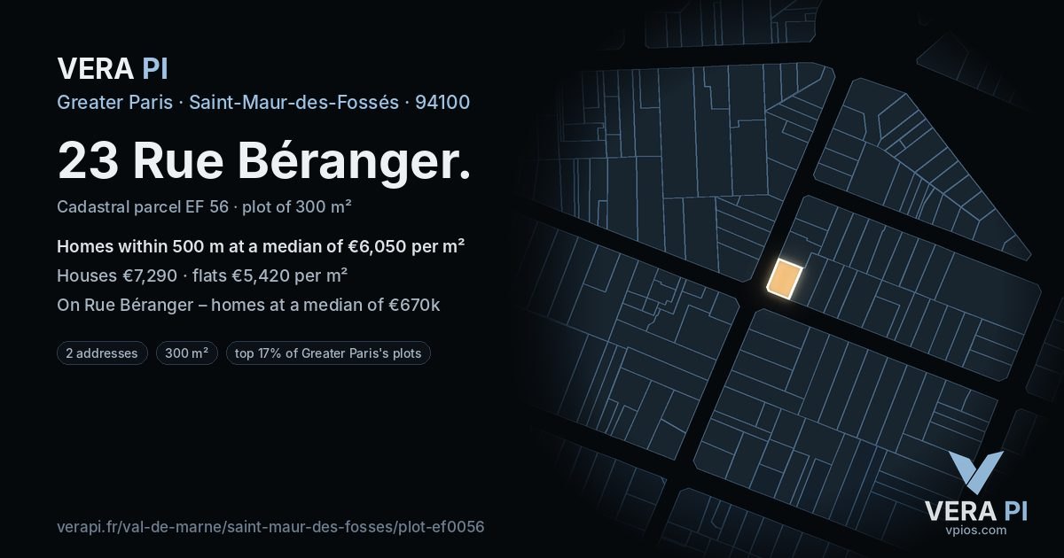 23 Rue Béranger, Saint-Maur-des-Fossés at night – the plot lit, the parcels around coloured by the prices near them