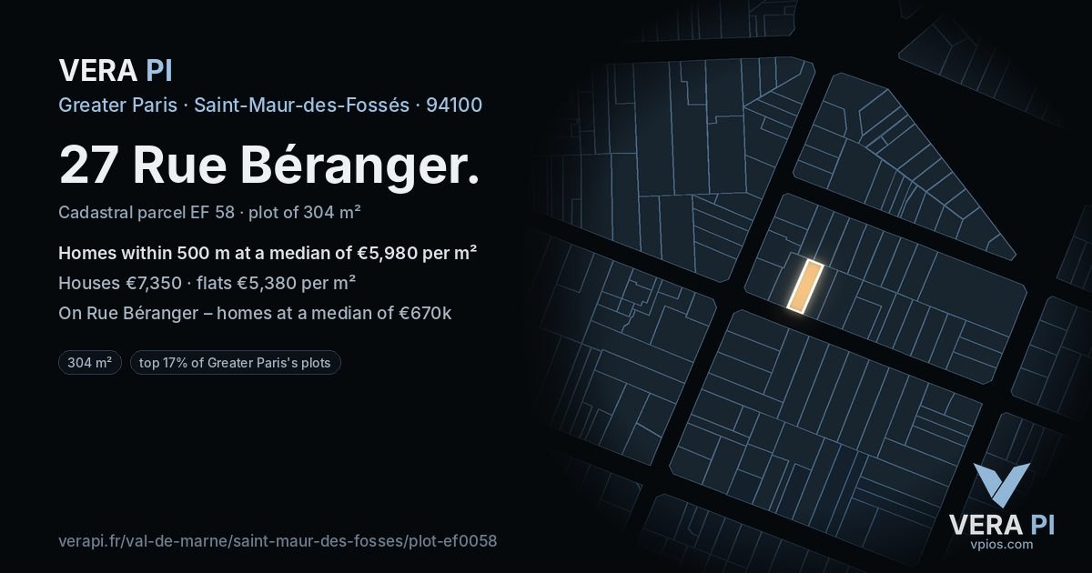 27 Rue Béranger, Saint-Maur-des-Fossés at night – the plot lit, the parcels around coloured by the prices near them
