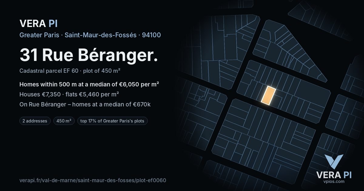 31 Rue Béranger, Saint-Maur-des-Fossés at night – the plot lit, the parcels around coloured by the prices near them