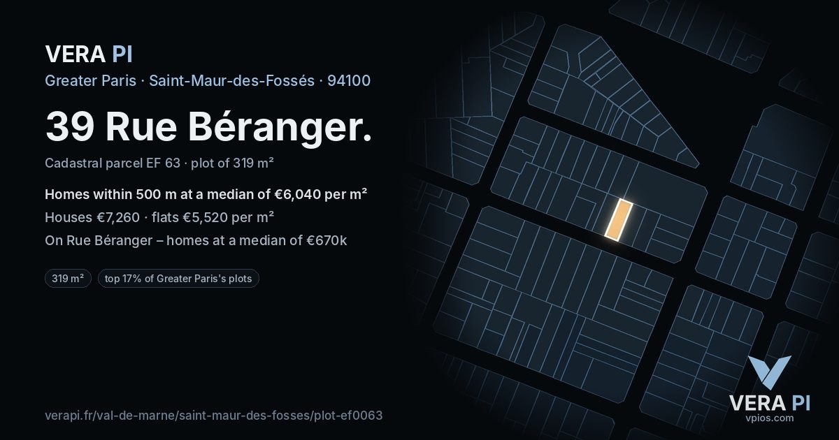 39 Rue Béranger, Saint-Maur-des-Fossés at night – the plot lit, the parcels around coloured by the prices near them