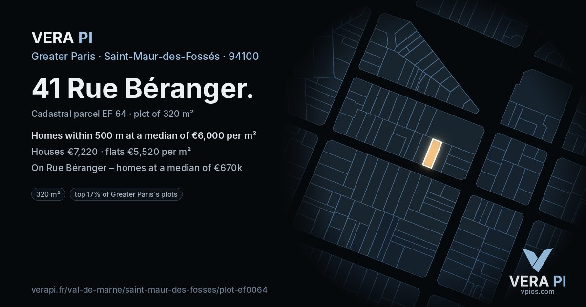 41 Rue Béranger, Saint-Maur-des-Fossés at night – the plot lit, the parcels around coloured by the prices near them