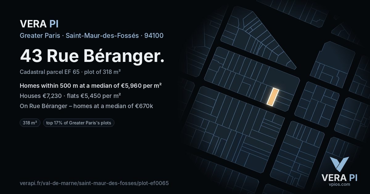 43 Rue Béranger, Saint-Maur-des-Fossés at night – the plot lit, the parcels around coloured by the prices near them