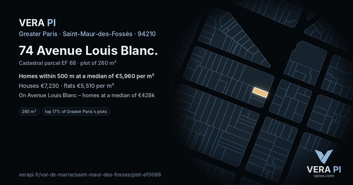 74 Avenue Louis Blanc, Saint-Maur-des-Fossés at night – the plot lit, the parcels around coloured by the prices near them