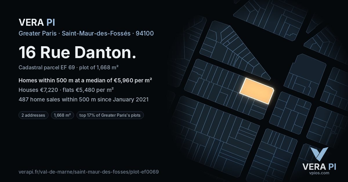 16 Rue Danton, Saint-Maur-des-Fossés at night – the plot lit, the parcels around coloured by the prices near them