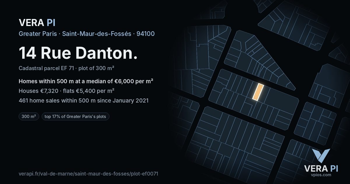14 Rue Danton, Saint-Maur-des-Fossés at night – the plot lit, the parcels around coloured by the prices near them