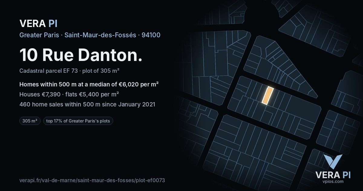 10 Rue Danton, Saint-Maur-des-Fossés at night – the plot lit, the parcels around coloured by the prices near them
