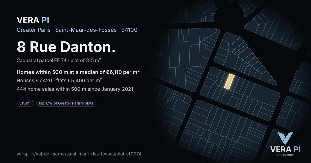 8 Rue Danton, Saint-Maur-des-Fossés at night – the plot lit, the parcels around coloured by the prices near them