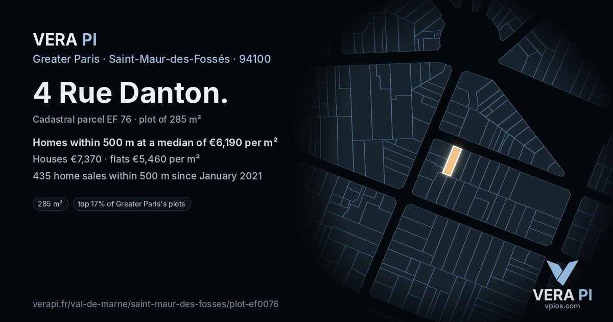 4 Rue Danton, Saint-Maur-des-Fossés at night – the plot lit, the parcels around coloured by the prices near them