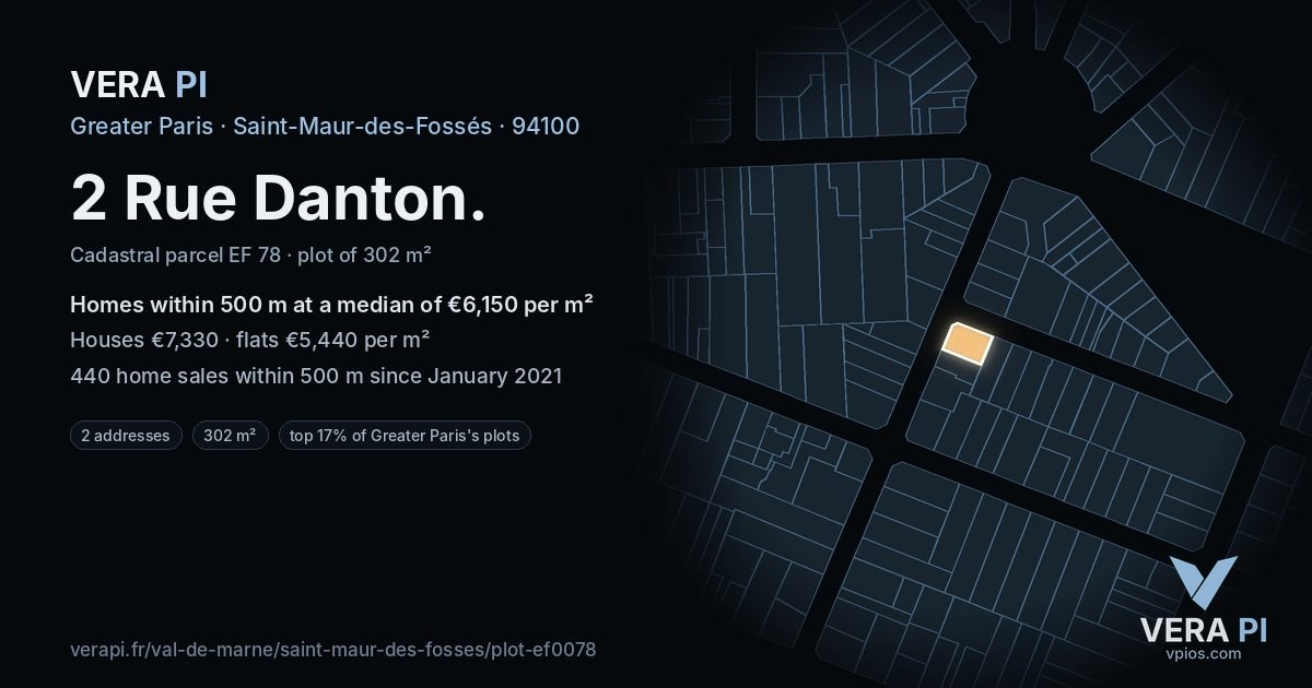2 Rue Danton, Saint-Maur-des-Fossés at night – the plot lit, the parcels around coloured by the prices near them