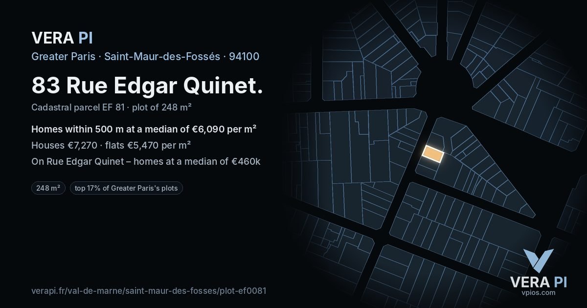 83 Rue Edgar Quinet, Saint-Maur-des-Fossés at night – the plot lit, the parcels around coloured by the prices near them