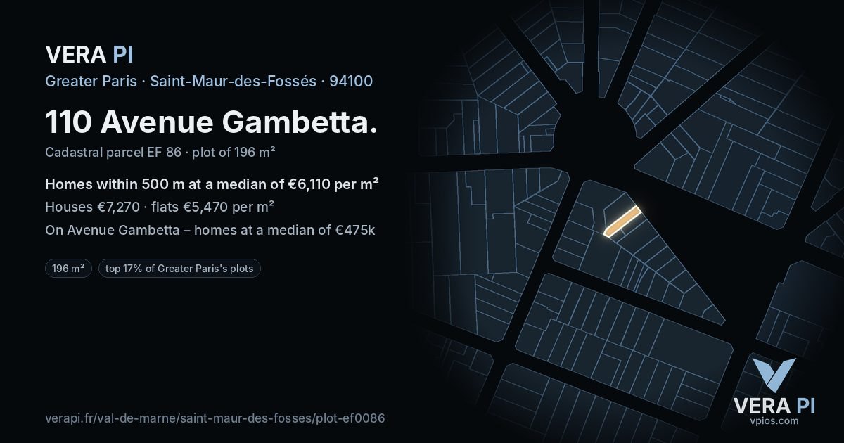 110 Avenue Gambetta, Saint-Maur-des-Fossés at night – the plot lit, the parcels around coloured by the prices near them