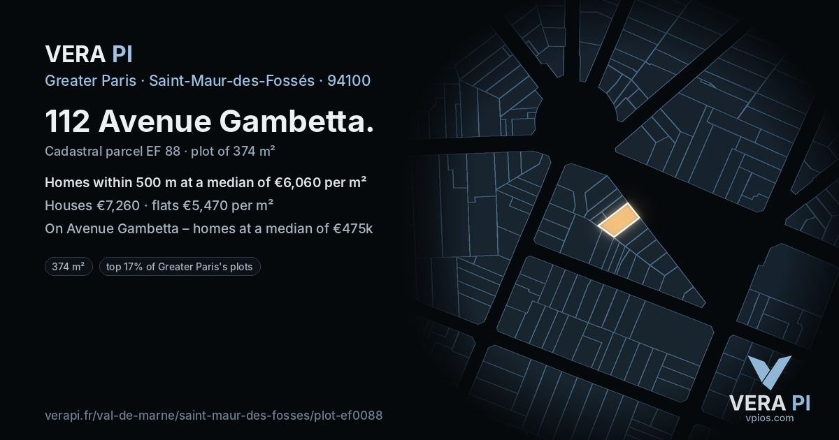 112 Avenue Gambetta, Saint-Maur-des-Fossés at night – the plot lit, the parcels around coloured by the prices near them