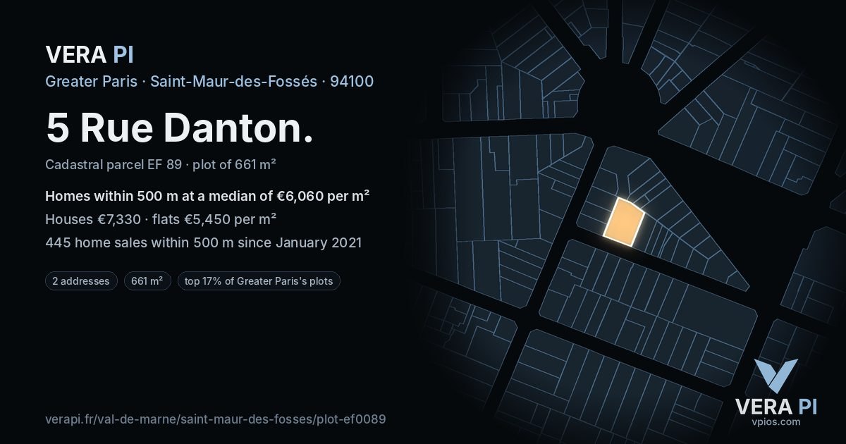 5 Rue Danton, Saint-Maur-des-Fossés at night – the plot lit, the parcels around coloured by the prices near them