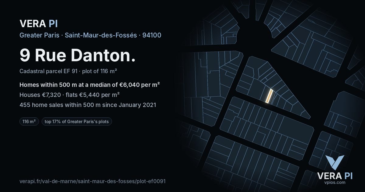 9 Rue Danton, Saint-Maur-des-Fossés at night – the plot lit, the parcels around coloured by the prices near them