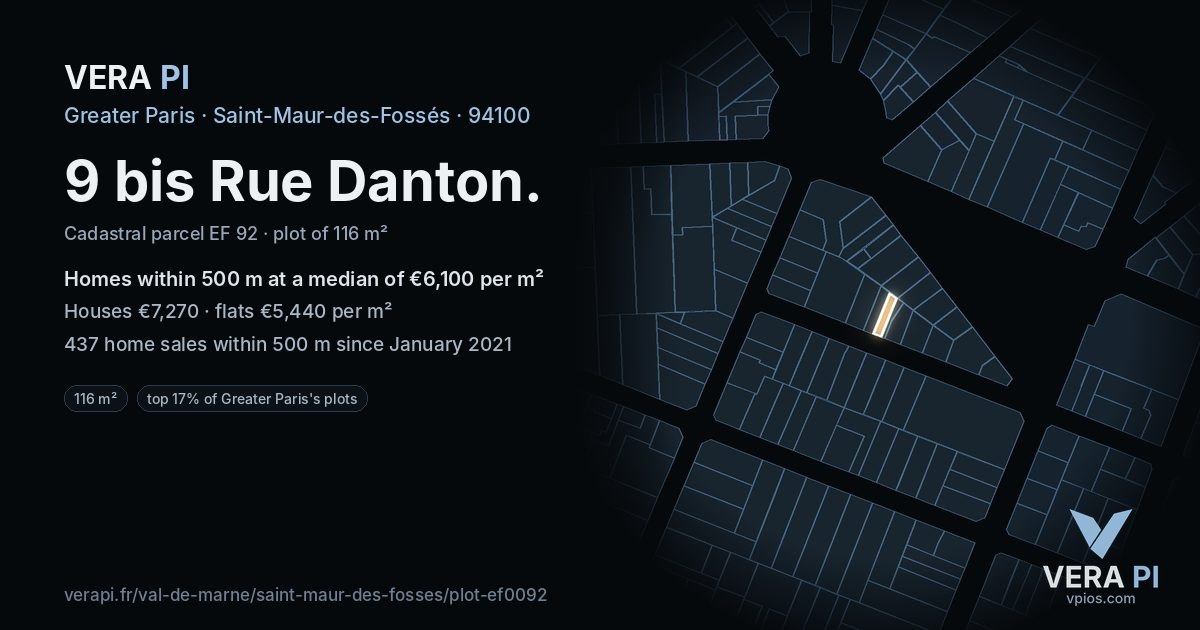 9 bis Rue Danton, Saint-Maur-des-Fossés at night – the plot lit, the parcels around coloured by the prices near them