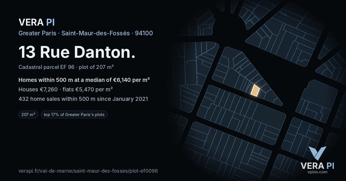 13 Rue Danton, Saint-Maur-des-Fossés at night – the plot lit, the parcels around coloured by the prices near them