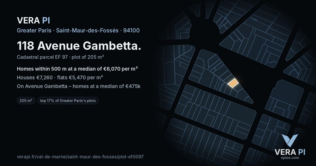 118 Avenue Gambetta, Saint-Maur-des-Fossés at night – the plot lit, the parcels around coloured by the prices near them
