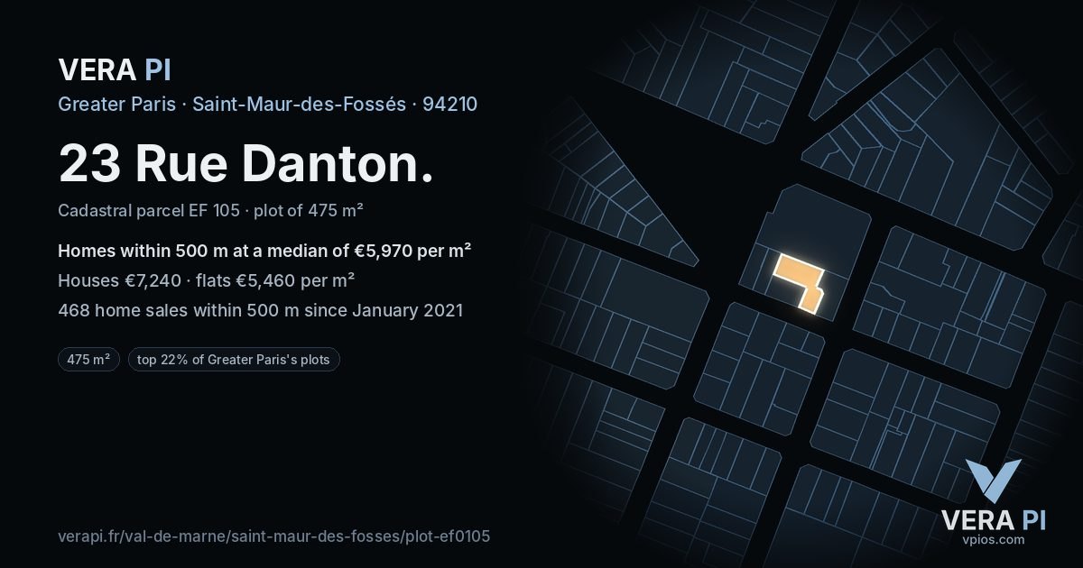 23 Rue Danton, Saint-Maur-des-Fossés at night – the plot lit, the parcels around coloured by the prices near them