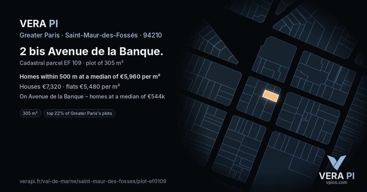 2 bis Avenue de la Banque, Saint-Maur-des-Fossés at night – the plot lit, the parcels around coloured by the prices near them
