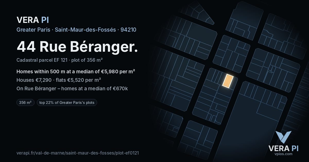 44 Rue Béranger, Saint-Maur-des-Fossés at night – the plot lit, the parcels around coloured by the prices near them
