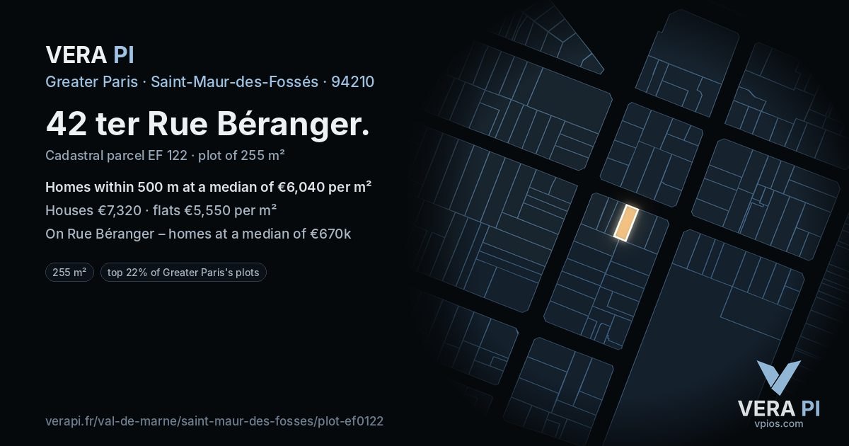 42 ter Rue Béranger, Saint-Maur-des-Fossés at night – the plot lit, the parcels around coloured by the prices near them