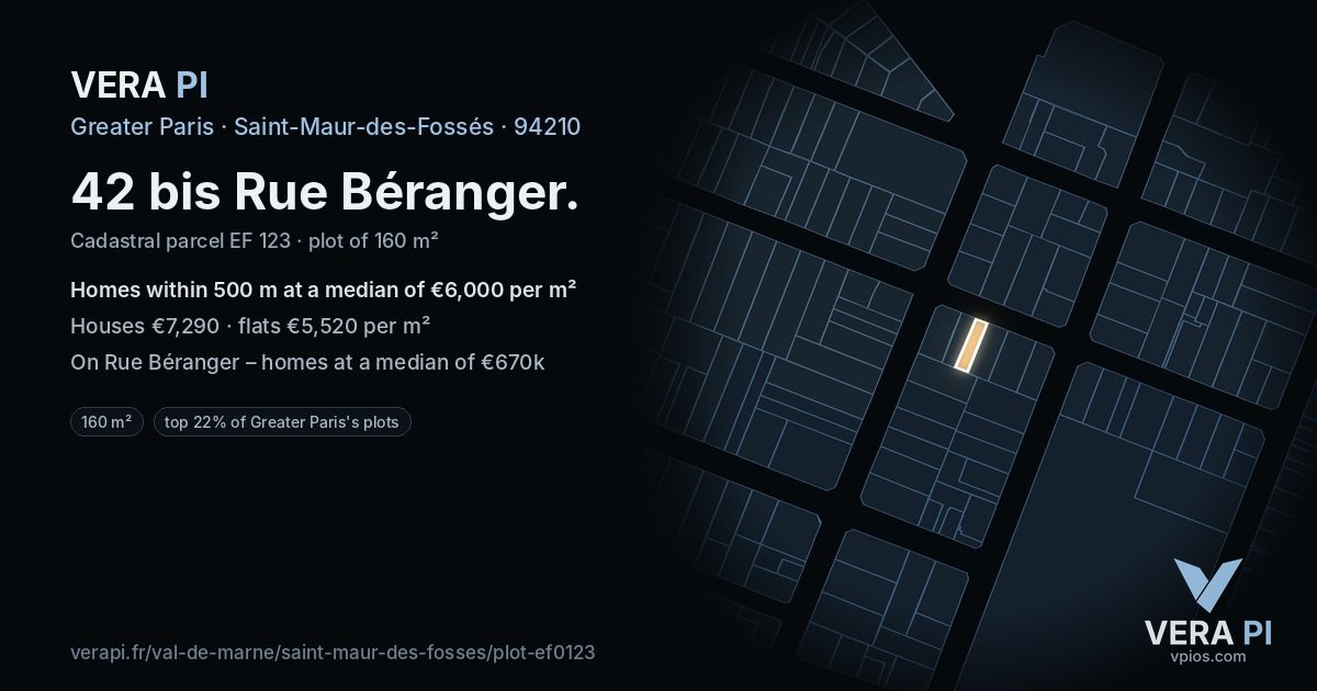 42 bis Rue Béranger, Saint-Maur-des-Fossés at night – the plot lit, the parcels around coloured by the prices near them