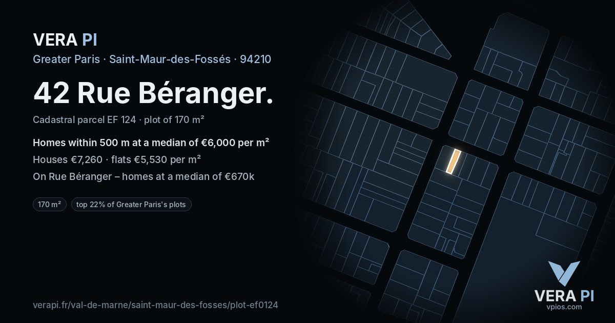 42 Rue Béranger, Saint-Maur-des-Fossés at night – the plot lit, the parcels around coloured by the prices near them