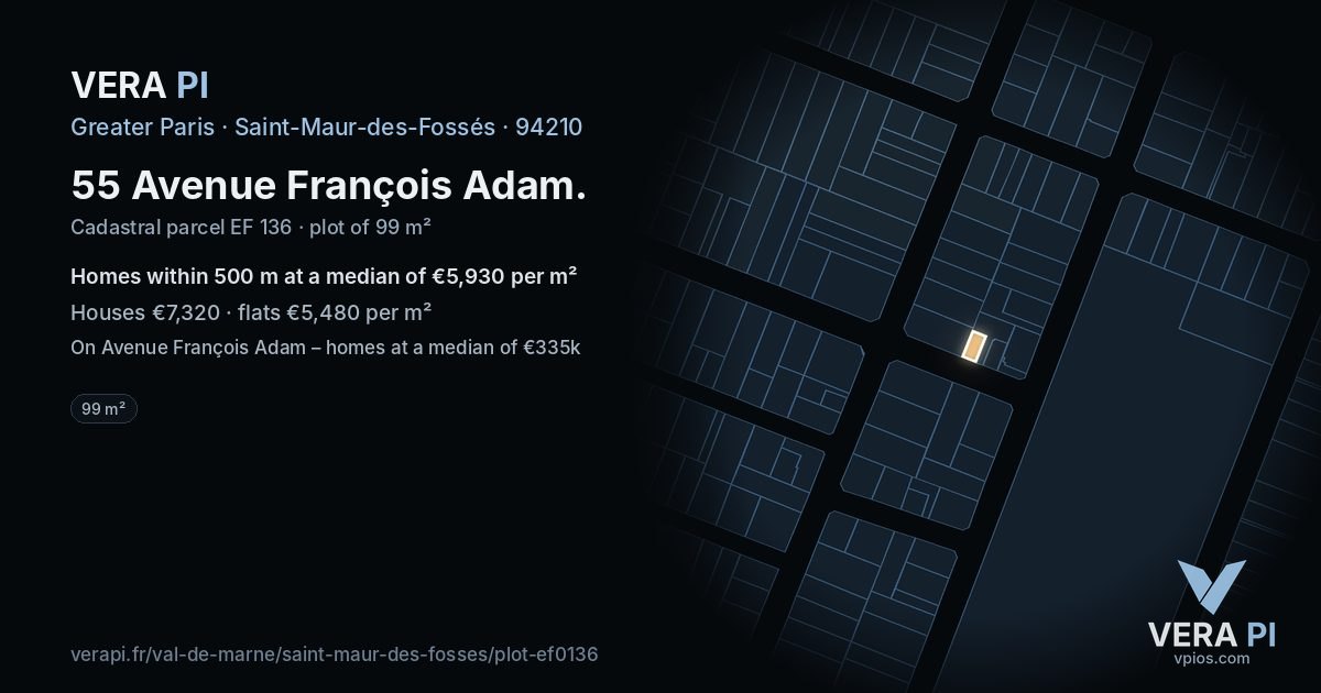 55 Avenue François Adam, Saint-Maur-des-Fossés at night – the plot lit, the parcels around coloured by the prices near them