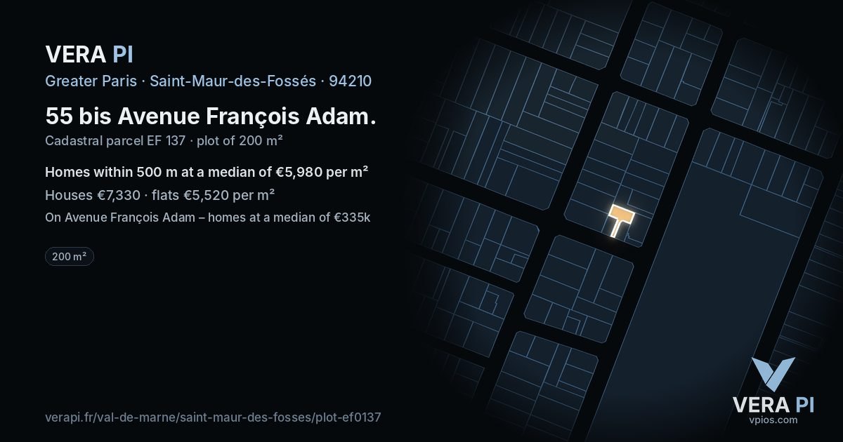55 bis Avenue François Adam, Saint-Maur-des-Fossés at night – the plot lit, the parcels around coloured by the prices near them