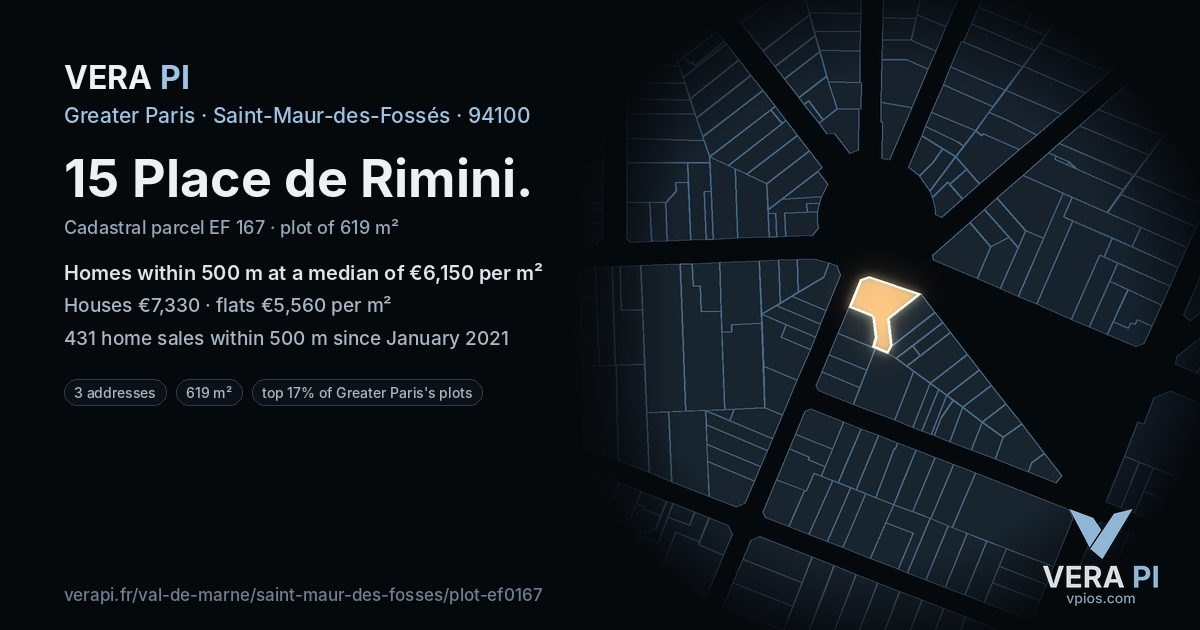 15 Place de Rimini, Saint-Maur-des-Fossés at night – the plot lit, the parcels around coloured by the prices near them