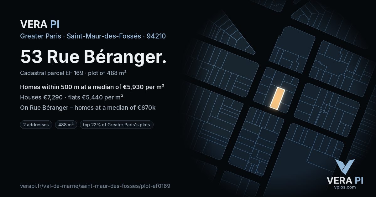 53 Rue Béranger, Saint-Maur-des-Fossés at night – the plot lit, the parcels around coloured by the prices near them