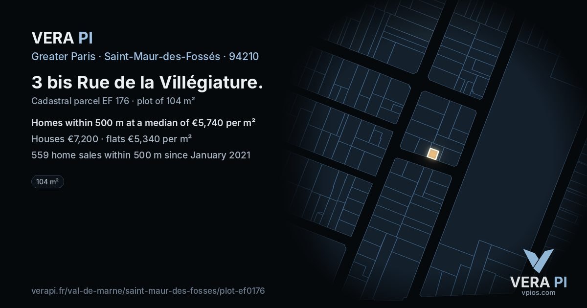 3 bis Rue de la Villégiature, Saint-Maur-des-Fossés at night – the plot lit, the parcels around coloured by the prices near them