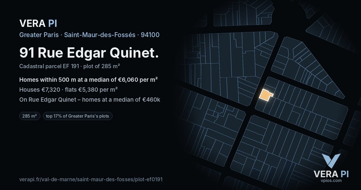 91 Rue Edgar Quinet, Saint-Maur-des-Fossés at night – the plot lit, the parcels around coloured by the prices near them