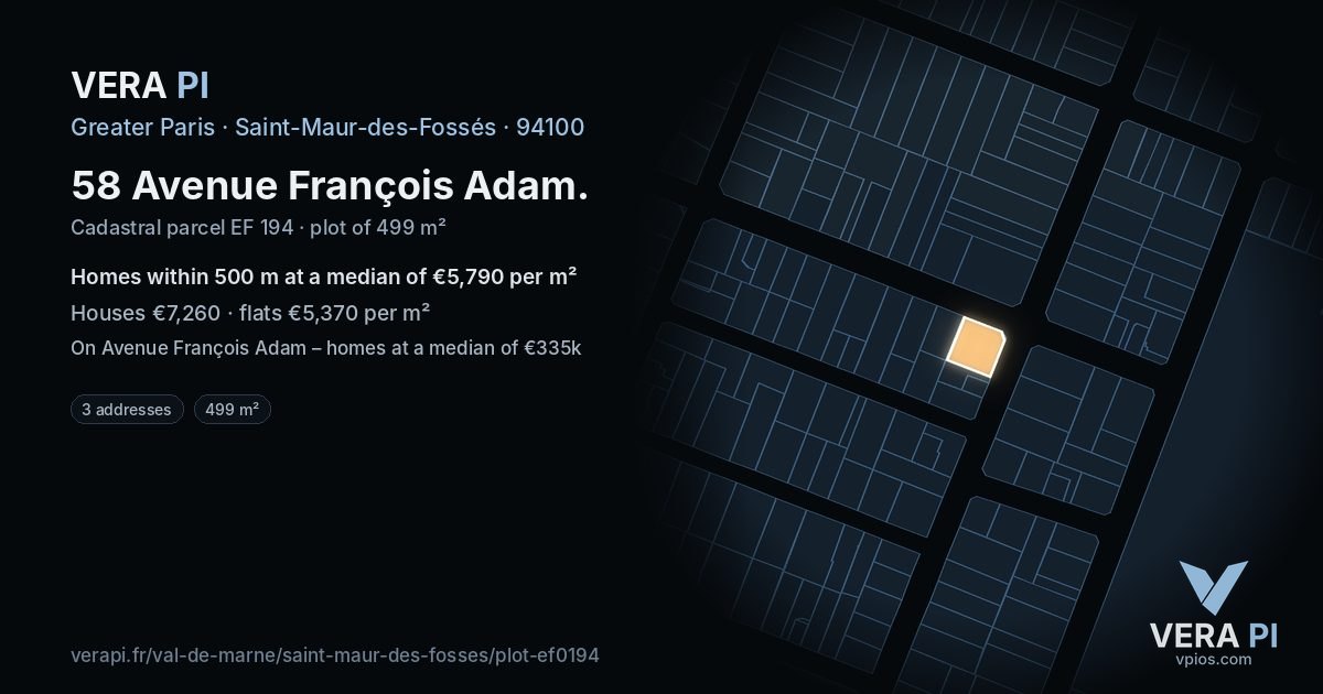 58 Avenue François Adam, Saint-Maur-des-Fossés at night – the plot lit, the parcels around coloured by the prices near them