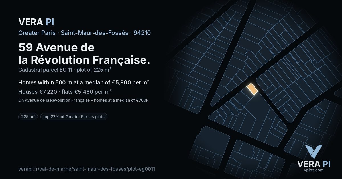59 Avenue de la Révolution Française, Saint-Maur-des-Fossés at night – the plot lit, the parcels around coloured by the prices near them
