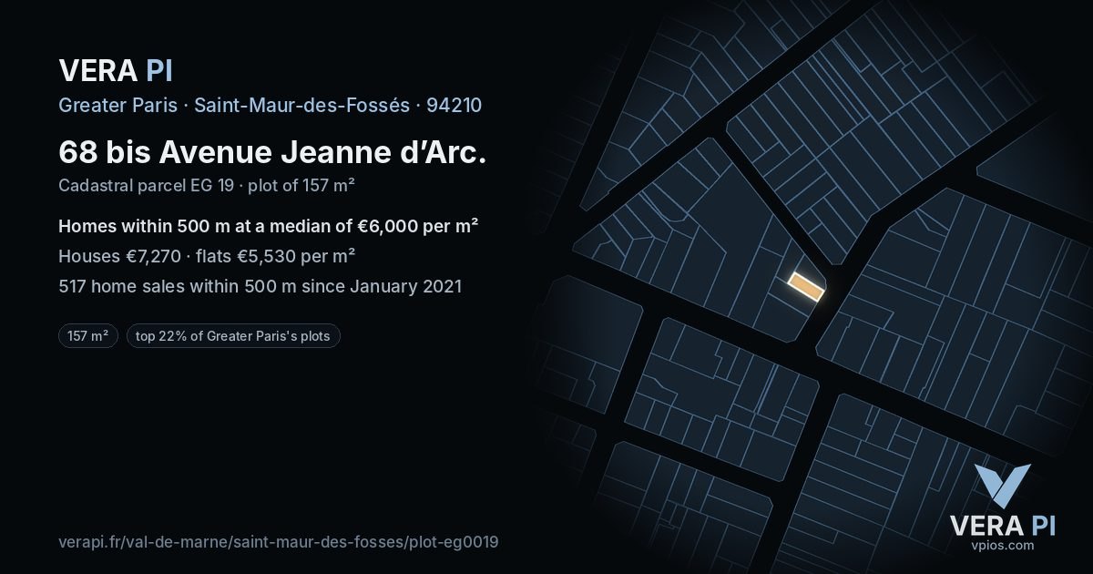 68 bis Avenue Jeanne d’Arc, Saint-Maur-des-Fossés at night – the plot lit, the parcels around coloured by the prices near them