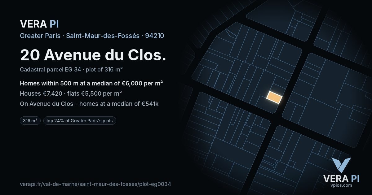 20 Avenue du Clos, Saint-Maur-des-Fossés at night – the plot lit, the parcels around coloured by the prices near them