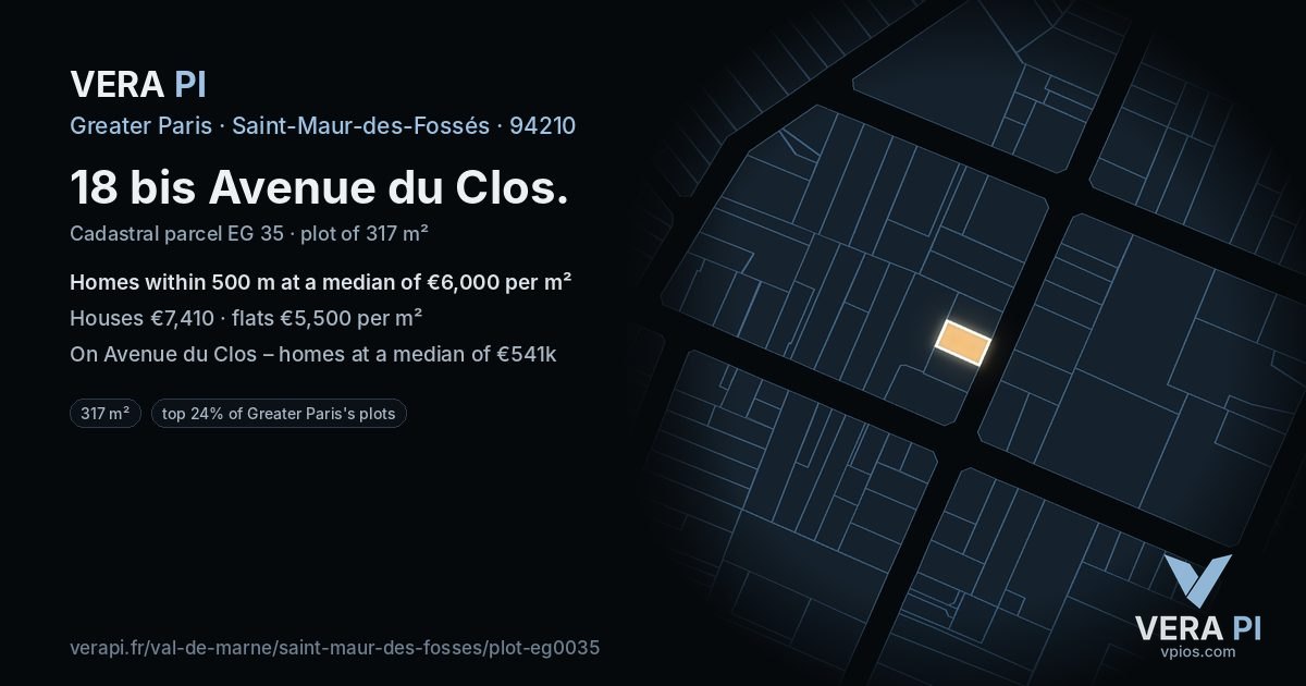 18 bis Avenue du Clos, Saint-Maur-des-Fossés at night – the plot lit, the parcels around coloured by the prices near them