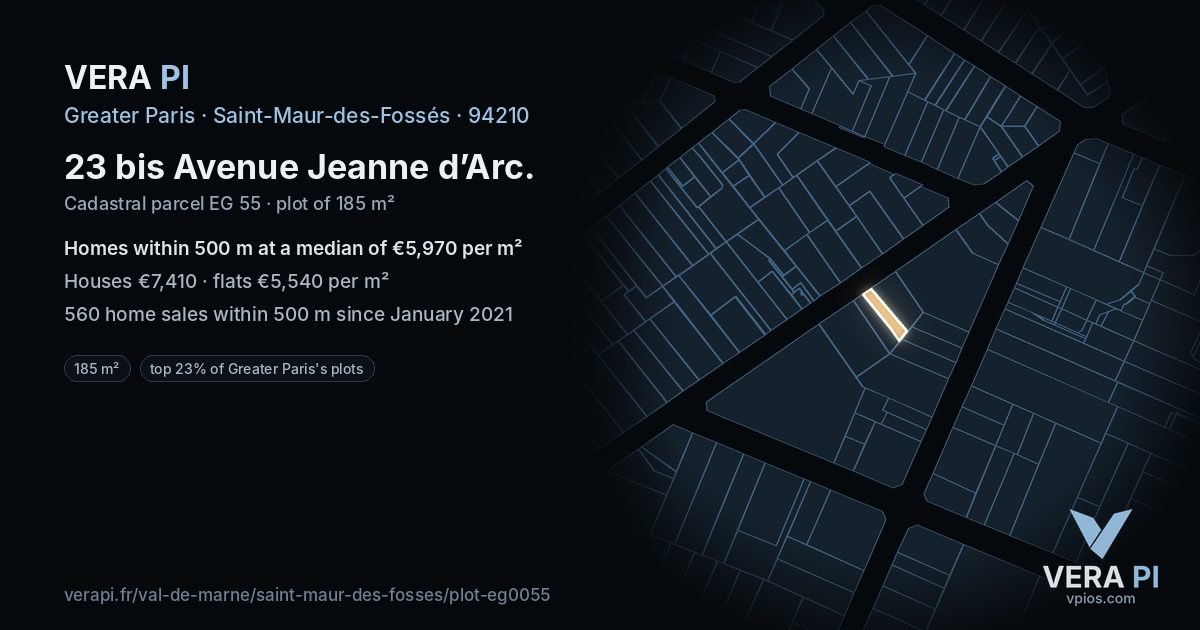23 bis Avenue Jeanne d’Arc, Saint-Maur-des-Fossés at night – the plot lit, the parcels around coloured by the prices near them